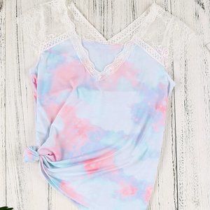 Tie Die & White Lace Top
